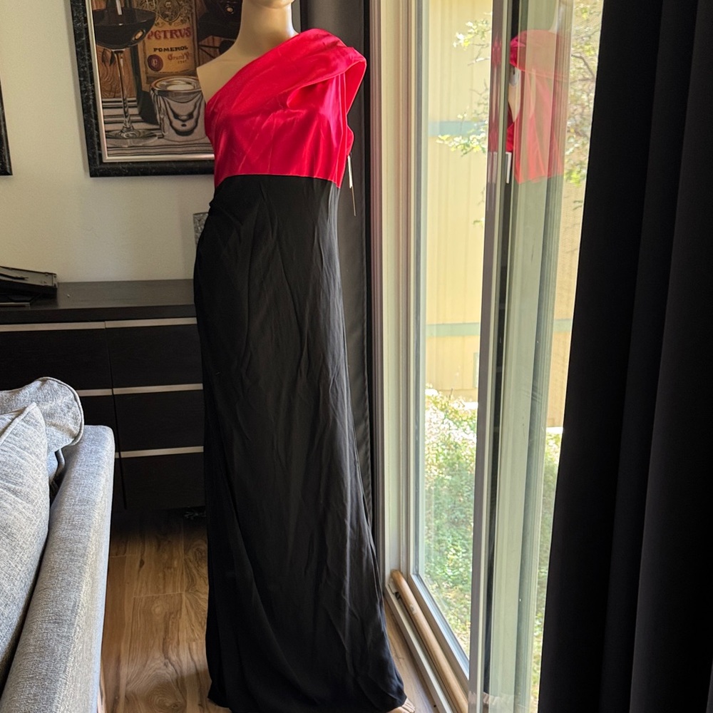David Meister Red and Black One-Shoulder Gown.     P9